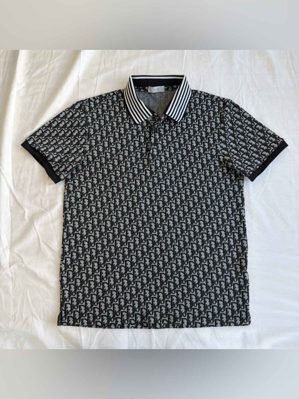 Christian Dior Black & Gray Patterned Polo Shirt - Designer Monogram Style